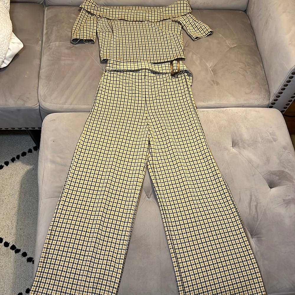 Yellow Plaid Pant and Off the Shoulder Set | UK Bought: Miss Selfridge | Size 4